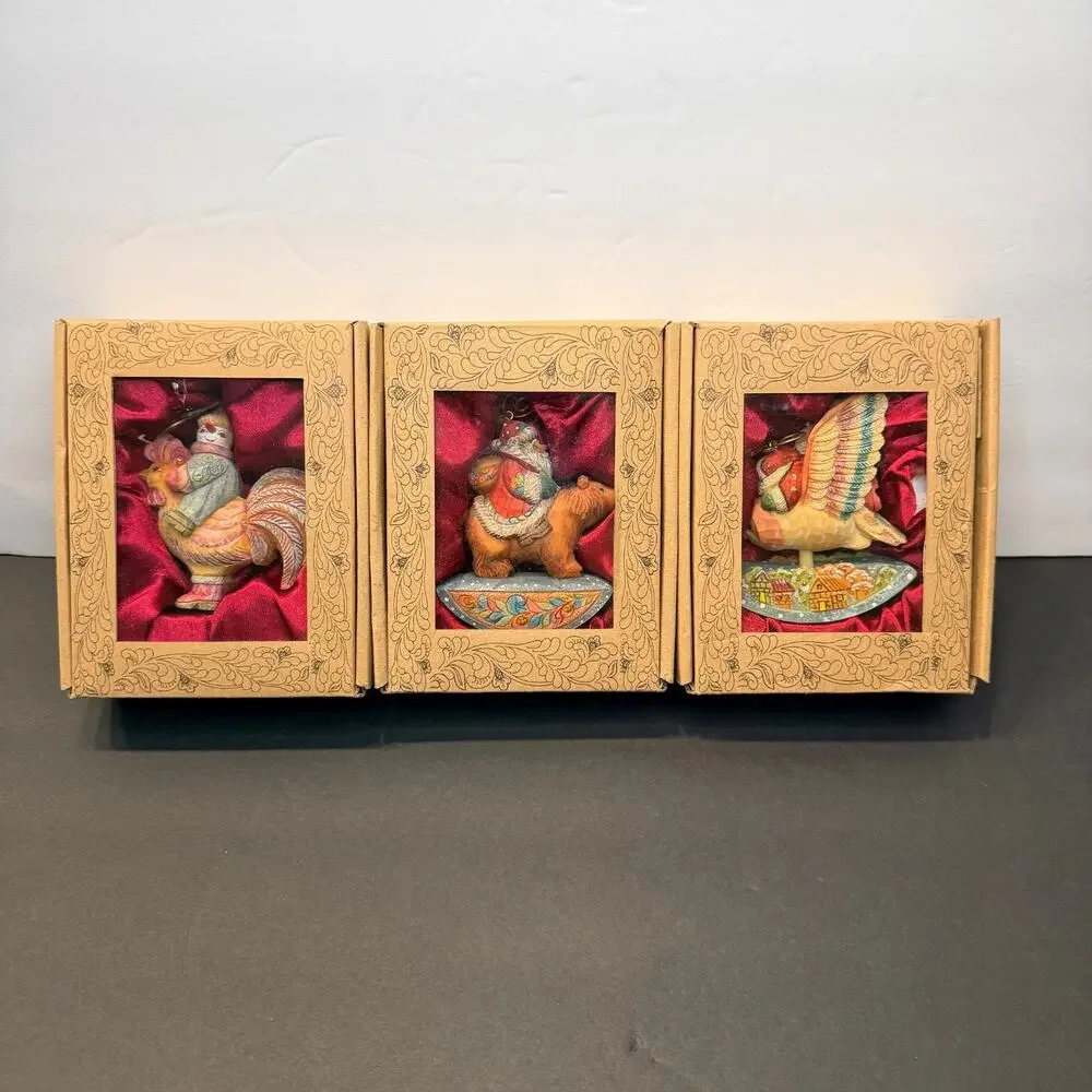 G. DeBrekht Christmas Ornaments Lot of 3 Boxed Santa Bear Snowman Folk Art